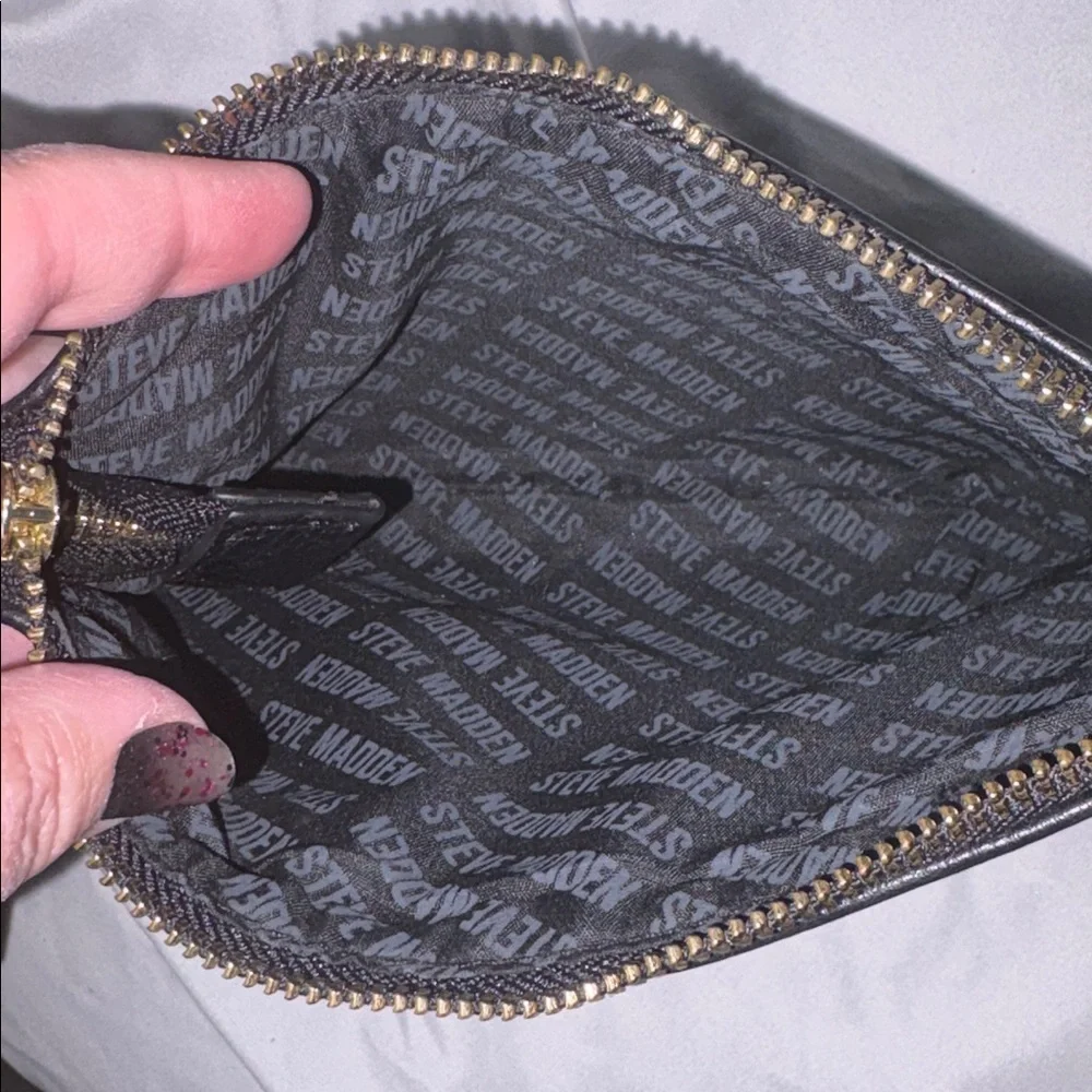 Steve Madden Far Out Space Studded Star Patch Rainbow Rhinestone Black Wristlet